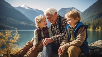 Wall Mural - Mountain Lake Serenity: Grandfather and Grandchildren Share a Peaceful Lakeside Moment, Gazing Gracefully at the Camera. Generative ai.