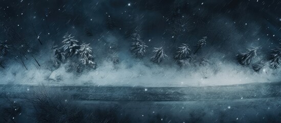 Wall Mural - Nighttime winter road in a forested setting isolated pastel background Copy space