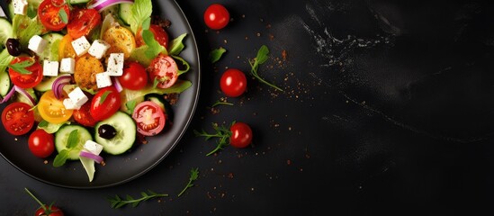 Poster - Greek salad on black plate isolated on a isolated pastel background Copy space