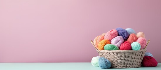 Poster - Colorful threads in a dark basket isolated pastel background Copy space