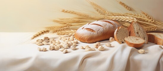 Poster - Grains of barley ear and bread isolated pastel background Copy space
