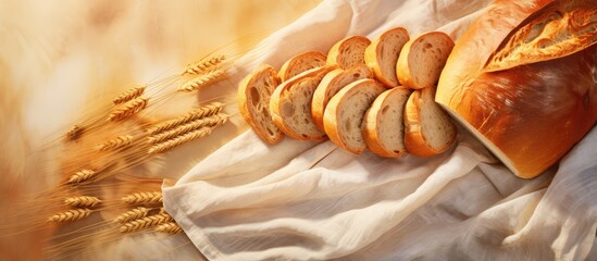 Poster - Baking sheet with sliced fresh bread isolated pastel background Copy space