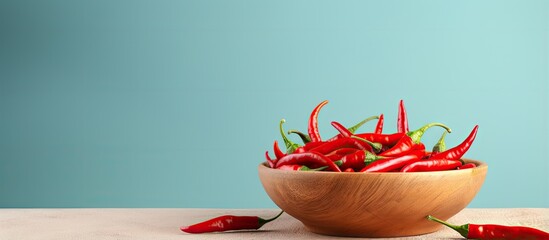 Poster - Red chili pepper in wooden bowl isolated on a isolated pastel background Copy space