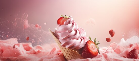 Poster - Chocolate drizzled on strawberry ice cream isolated pastel background Copy space