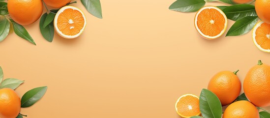 Poster - Mandarin or tangerine slices with leaves on isolated pastel background Copy space Flat lay top view Fruit arrangement