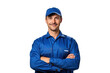 © Omid - smiling young skillful worker labor technician man in blue work clothes with cap, png isolated on white transparent background