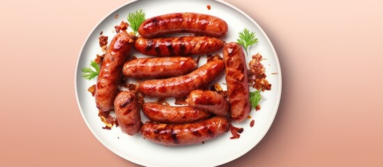 Aufkleber - Grilled sausages and cabbage on a plate isolated pastel background Copy space