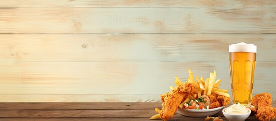 Aufkleber - Southern style fried chicken with a side of potatoes and a selection of beverages isolated pastel background Copy space