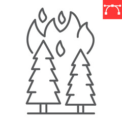 Poster - Forest fire line icon, climate change and ecology, pine tree on fire vector icon, vector graphics, editable stroke outline sign, eps 10.