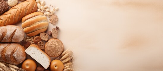 Poster - Freshly baked homemade bread and sliced bread isolated on a isolated pastel background Copy space