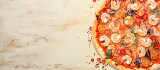 Poster - Tomato and cheese topped seafood pizza isolated pastel background Copy space