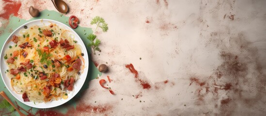 Poster - Bacon and vegetable stir fried rice noodles isolated pastel background Copy space