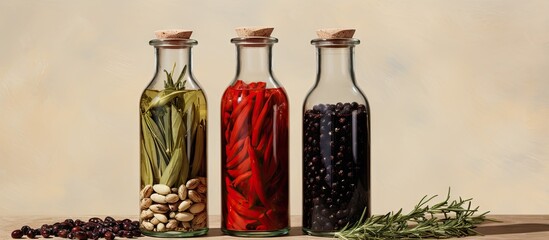 Poster - Red beans and black peppers mixed with rosemary pastas and assorted spices in glass bottles of three different sizes on a isolated pastel background Copy space