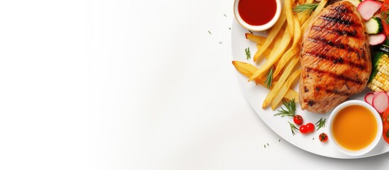 Fototapete - Grilled chicken breast steak with pepper gravy vegetables ketchup and fries on a isolated pastel background Copy space