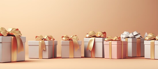 Wall Mural - Elegant gift boxes depicted in a closeup set against a isolated pastel background Copy space