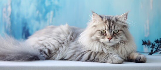 Wall Mural - Male Siberian cat calmly resting isolated pastel background Copy space