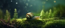 Nighttime Photo Of Tiny Snail On Moss Isolated Pastel Background Copy Space