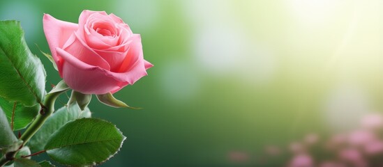 Poster - A pink rose flower is isolated on a green foliage background with a shallow depth of field and focused on the center of the flower isolated pastel background Copy space