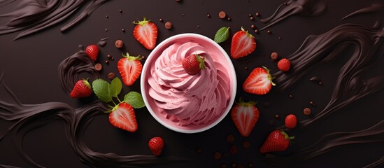Poster - Chocolate drizzled on strawberry ice cream isolated pastel background Copy space