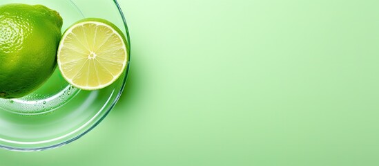 Poster - Lime photographed on glass plate suitable for vegan food background poster and advertising isolated pastel background Copy space
