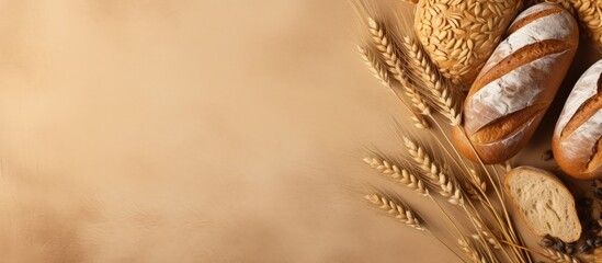 Poster - Freshly baked homemade bread and sliced bread isolated on a isolated pastel background Copy space