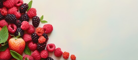 Poster - Fresh ripe juicy raspberries on a isolated pastel background Copy space vibrant natural colors stunning isolated pastel background Copy space