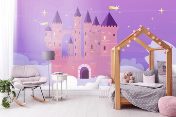 Sticker - Kid's room interior with comfortable bed and other furniture. Fairytale themed wallpapers with castle