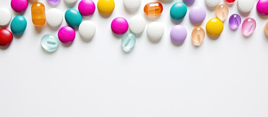 Aufkleber - Closeup of multicolored pills ampules and capsules isolated on a isolated pastel background Copy space in a pharmacy theme