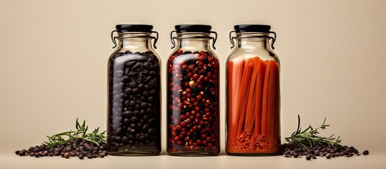 Poster - Red beans and black peppers mixed with rosemary pastas and assorted spices in glass bottles of three different sizes on a isolated pastel background Copy space
