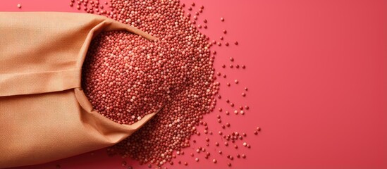 Wall Mural - Red quinoa seeds in bag isolated on a isolated pastel background Copy space with clipping path and full depth of field Top view Flat lay