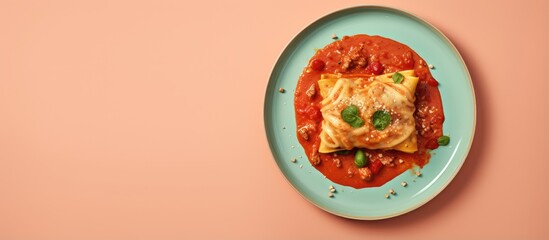 Poster - Tasty enchilada isolated pastel background Copy space plate