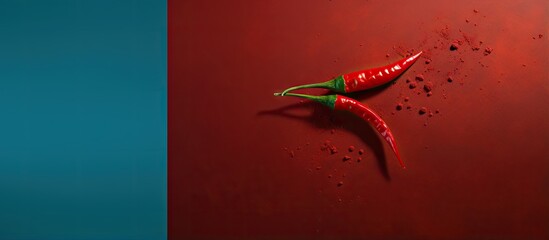 Poster - A spicy red chili positioned on a dark plane isolated pastel background Copy space