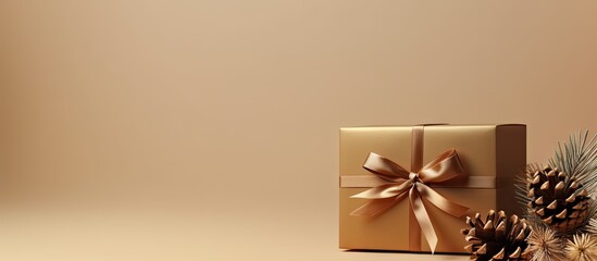 Aufkleber - A isolated pastel background Copy space showcases a golden gift box adorned with a ribbon bow brown leaf and pine cone