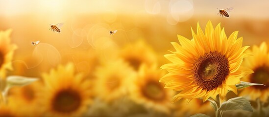 Poster - Bee near sunflower in sunflower field during warm summer evening with beautiful landscape isolated pastel background Copy space