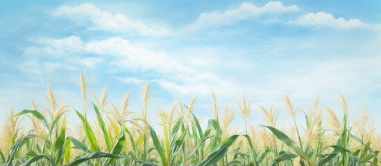 Poster - Corn plant in meadow with sky backdrop isolated pastel background Copy space