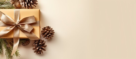 Aufkleber - A isolated pastel background Copy space showcases a golden gift box adorned with a ribbon bow brown leaf and pine cone
