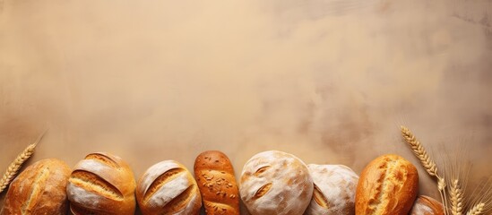 Wall Mural - Still life of bakery bread and buns isolated pastel background Copy space chalkboard background