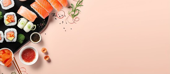 Aufkleber - Plate with sushi including salmon caviar and Philadelphia cheese isolated pastel background Copy space