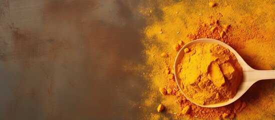 Poster - Isolated wooden spoon piles of turmeric powder isolated pastel background Copy space