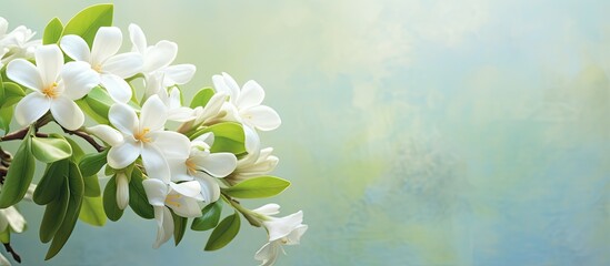 Wall Mural - Jasmine blooming in the morning garden a symbol of Mothers Day in Thailand isolated pastel background Copy space