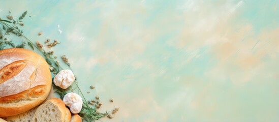 Aufkleber - Bread with herb curd fresh and organic isolated pastel background Copy space