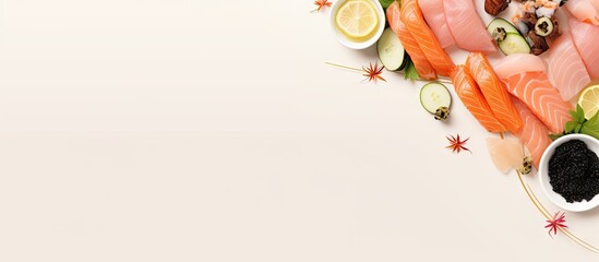 Aufkleber - An isolated picture of a sashimi sushi set with salmon tuna wasabi and shredded radish on a isolated pastel background Copy space with selective focus