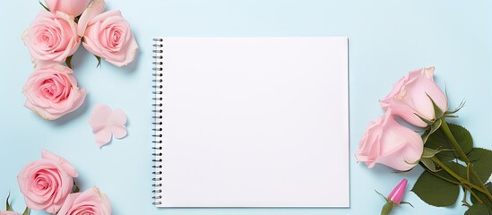 Poster - Top down perspective of a blog workspace containing various tools and decorations on a isolated pastel background Copy space
