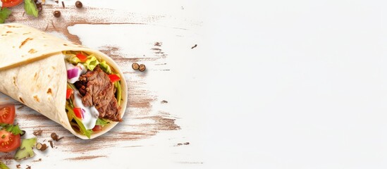 Poster - Fresh roll of grilled meat and salad wrapped in tortilla with white sauce isolated pastel background Copy space Image