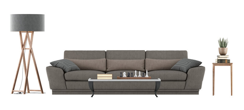 Classic style sofa with chess board on sidetable and floor lamp isolated on white background - 3d rendering
