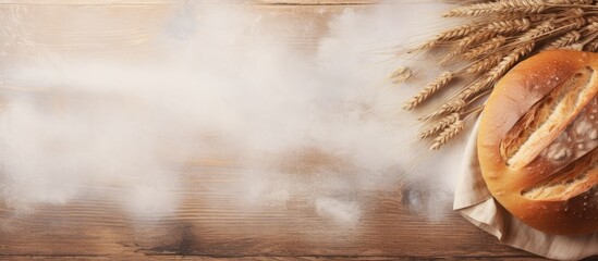 Poster - Wooden table with freshly baked bread isolated pastel background Copy space