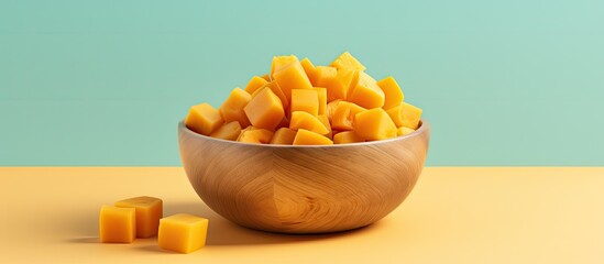 Poster - Dice a butternut squash in a wooden bowl isolate on a isolated pastel background Copy space with clipping path and full depth of field