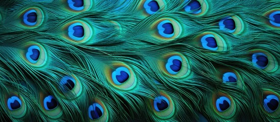 Aufkleber - Peacocks tail feathers in closeup with blue fabric backdrop isolated pastel background Copy space