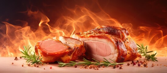 Aufkleber - Burning pork steak pieces isolated pastel background Copy space
