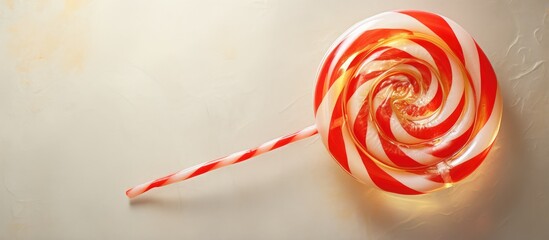 Poster - Red and white candy twisted in a spiral wrapped in clear cellophane on isolated pastel background Copy space